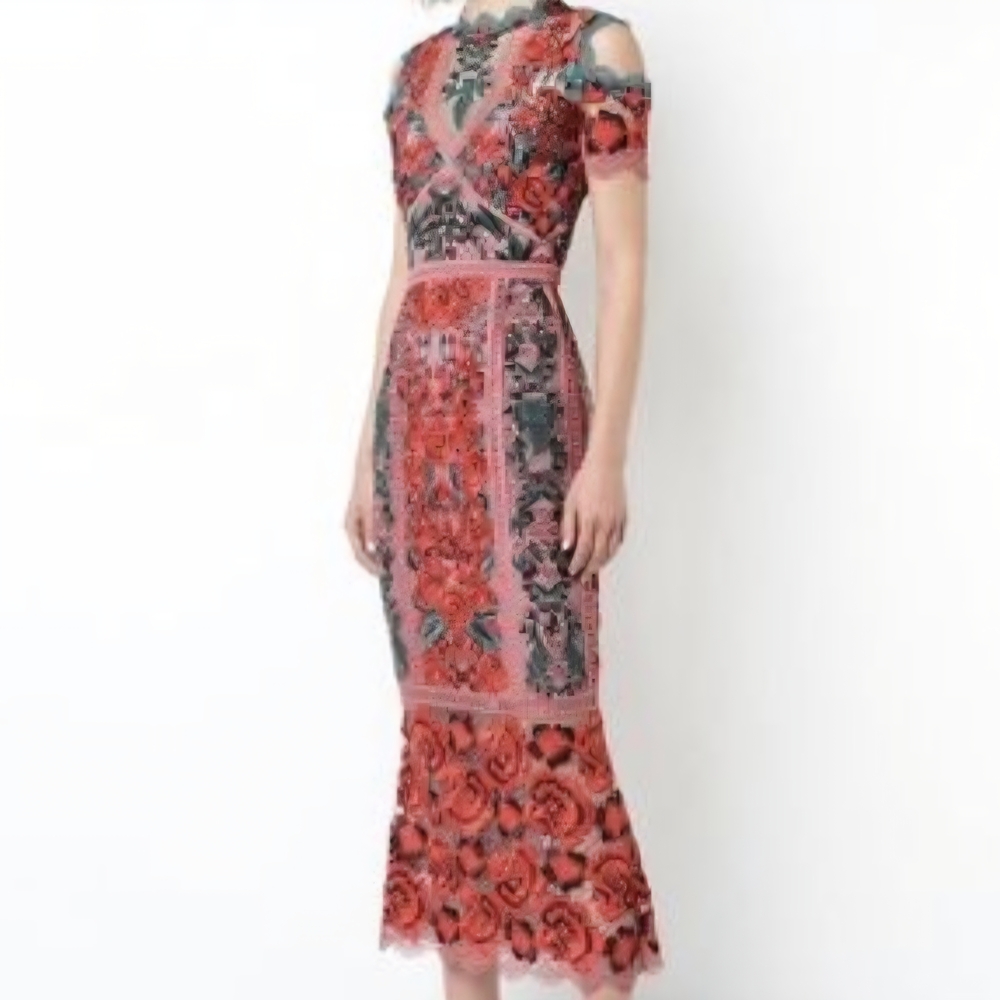 Marchesa Red and Green Floral Midi Dress